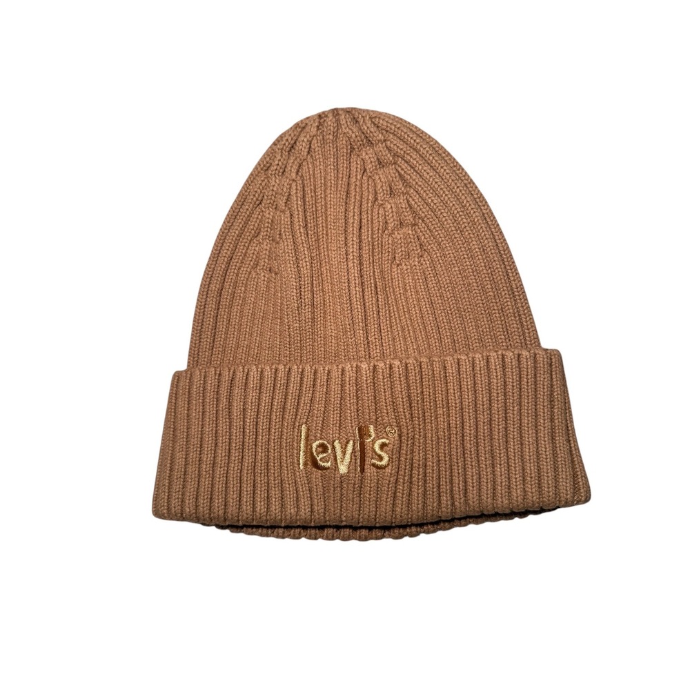 Levis Brown Ribbed Knit Cuffed Beanie Hat 100% Cotton Embroidered Logo Tan